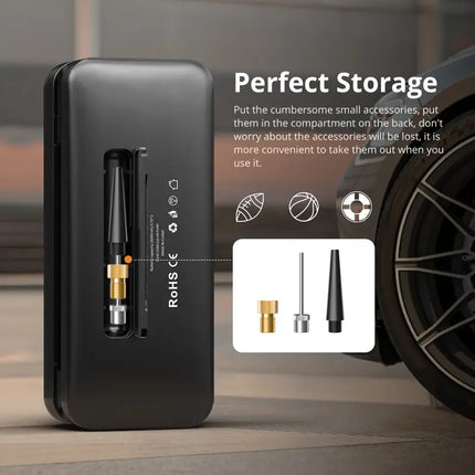 Portable Tire Inflator for Cars, Motorcycles & Bicycles – Compact Air Pump with Digital Display, Fast Inflation & Rear Storage Case