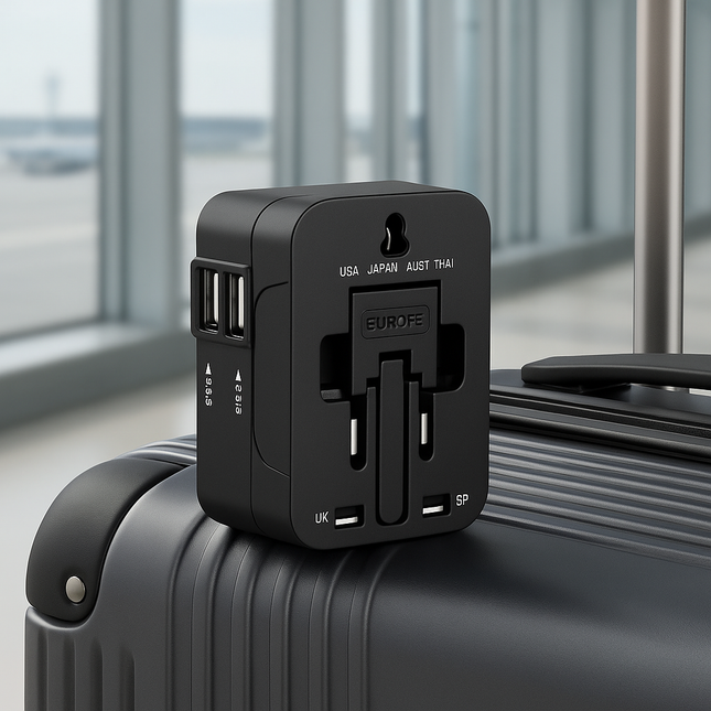 Universal Travel Adapter – Global Power Plug Converter with USB Ports, EU/US/UK/AU Socket Compatibility, Safety Cover & Locking System