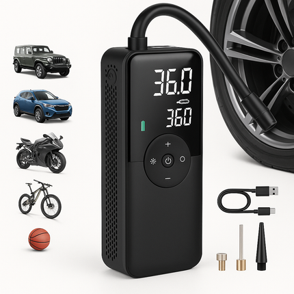 Portable Tire Inflator for Cars, Motorcycles & Bicycles – Compact Air Pump with Digital Display, Fast Inflation & Rear Storage Case