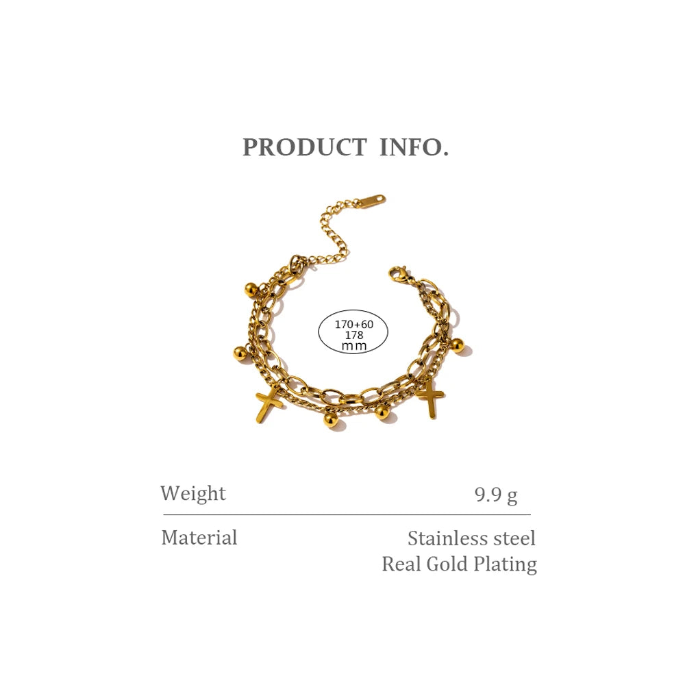 Yhpup Stainless Steel Cross Layered Bracelet for Women Charm Metal 14 K Plated Trendy Golden Wrist Unique Design Jewelry брелок
