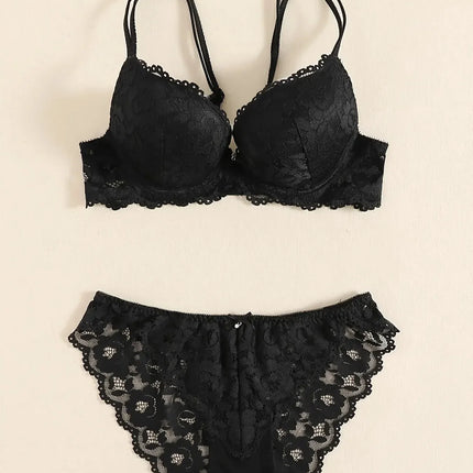 1 Set Elegant Erotic Lace Embroidery Breathable Fabric Lingeries : Push-Up Bra, Low Waist Sheer Panty - Ultimate Valentine's Day