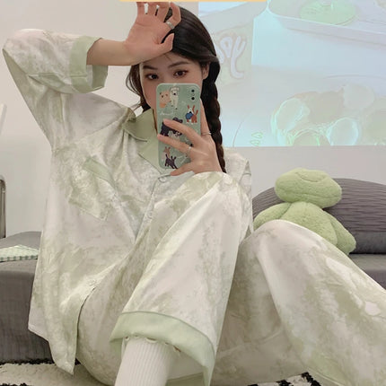 2023 Autumn New Ice Silk Women Pajama Lapel Button Cardigan Outfits for Women 2 Piece Set Fashion Printing Set Clothes for Women