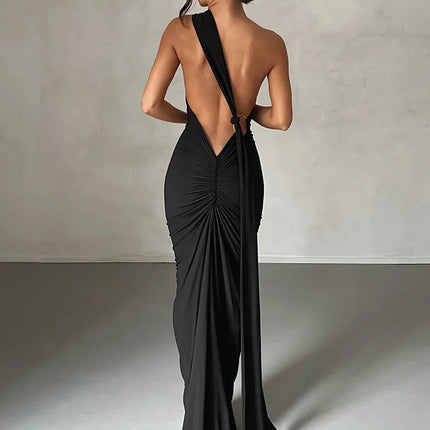 Hugcitar One Shoulder Backless Adjustable Scarf Loop Ruched Sexy Maxi Dress 2024 Women Elegant Y2K Streetwear Festival Outfit