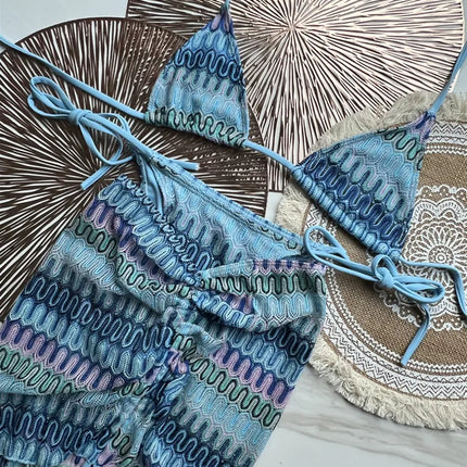 Women Swimsuit Colored Maple Leaves Knitted Bikini Skirt Three-Piece Set Split Swimsuit Bikini