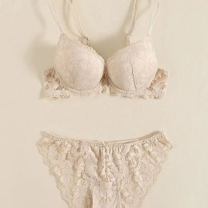 1 Set Elegant Erotic Lace Embroidery Breathable Fabric Lingeries : Push-Up Bra, Low Waist Sheer Panty - Ultimate Valentine's Day