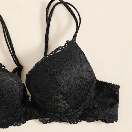 1 Set Elegant Erotic Lace Embroidery Breathable Fabric Lingeries : Push-Up Bra, Low Waist Sheer Panty - Ultimate Valentine's Day