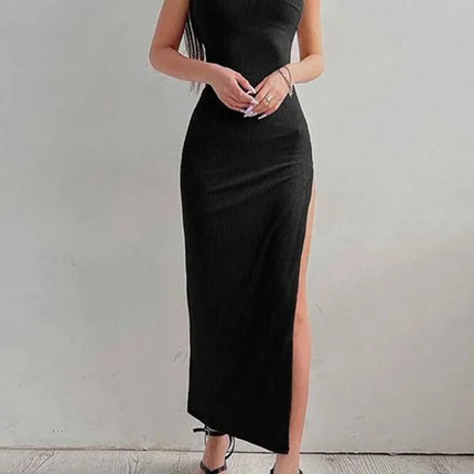 Sexy Black Long Bodycon Dress Women Summer Sleeveless Blackless Halter Neck Spaghetti Strap Dresses High Split Vestidos