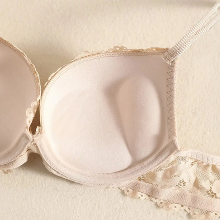 1 Set Elegant Erotic Lace Embroidery Breathable Fabric Lingeries : Push-Up Bra, Low Waist Sheer Panty - Ultimate Valentine's Day