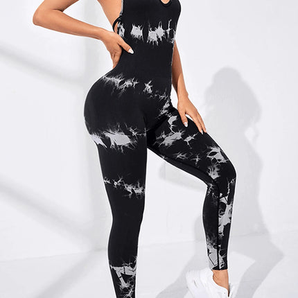 Women's Tie Dye Seamless Workout Jumpsuits One Piece Soft&Stretchy Fashion V-Neck Halter Open Back Yoga Sports Bodysuit