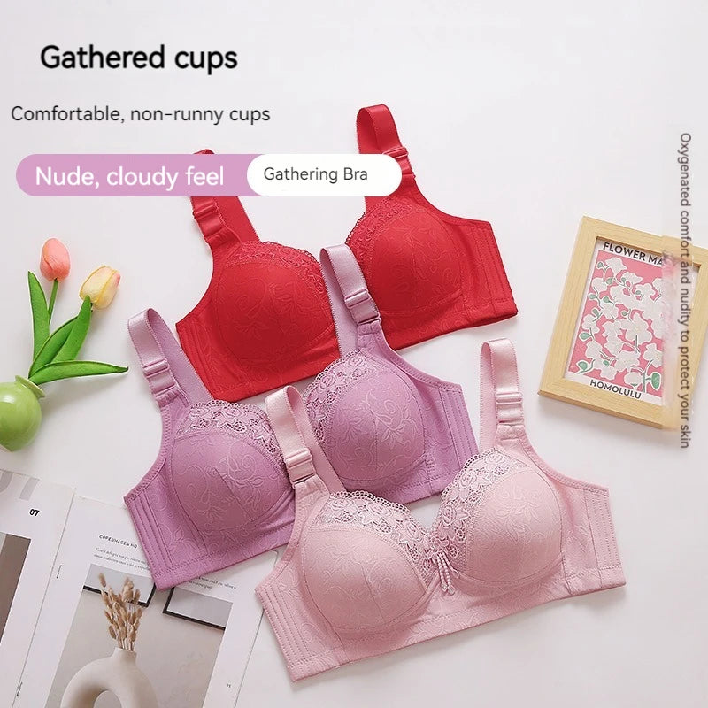 New Large Size Sexy Luxury Lace Non-steel Ring WOMEN'S Bra Push up Comfortable Four Rows of Buckle Thin Section Ladies Underwear