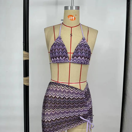 Women Swimsuit Colored Maple Leaves Knitted Bikini Skirt Three-Piece Set Split Swimsuit Bikini