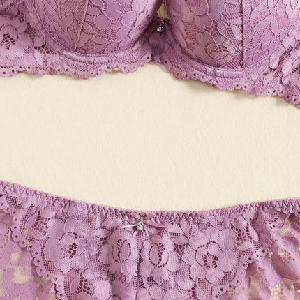 1 Set Elegant Erotic Lace Embroidery Breathable Fabric Lingeries : Push-Up Bra, Low Waist Sheer Panty - Ultimate Valentine's Day