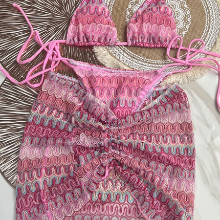 Women Swimsuit Colored Maple Leaves Knitted Bikini Skirt Three-Piece Set Split Swimsuit Bikini