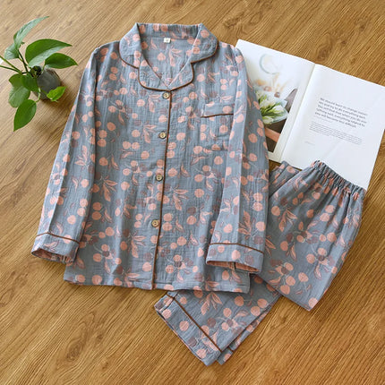 2024 Japanese Spring and Autumn New Women's Pajama Set 100% Cotton Vintage Long sleeved Pants Two Piece Set for Home Furnishings