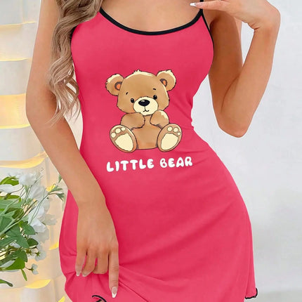 Womens Cute Little Bear Print Cami Nightgown Spaghetti Strap Sleep Dress Mini Lettuce Hem Contrast Trim Loungewear Y2K Style