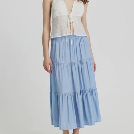 Women'S Patchwork Denim Color Spliced A-Line Skirt Tencel Big Swing Long Thin Skirt