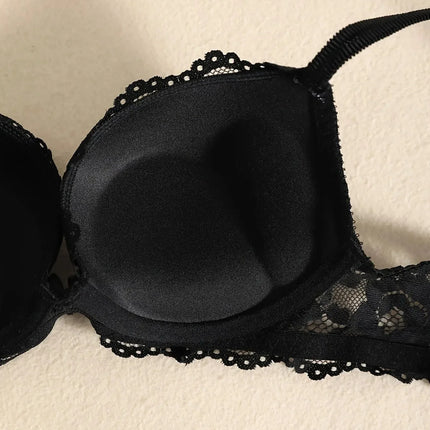 1 Set Elegant Erotic Lace Embroidery Breathable Fabric Lingeries : Push-Up Bra, Low Waist Sheer Panty - Ultimate Valentine's Day