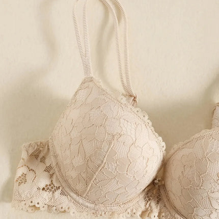 1 Set Elegant Erotic Lace Embroidery Breathable Fabric Lingeries : Push-Up Bra, Low Waist Sheer Panty - Ultimate Valentine's Day