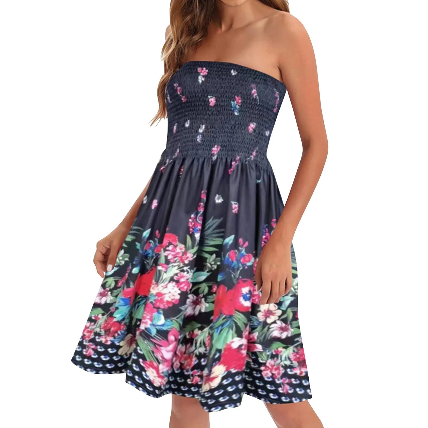 Beach Style Sexy Cover Ups Strapless Bohemian Floral Print Sundress For Girls Summer Vintage Daily Date A-line Knee Length Skirt