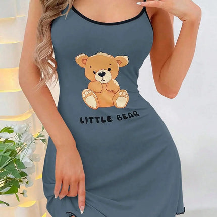 Womens Cute Little Bear Print Cami Nightgown Spaghetti Strap Sleep Dress Mini Lettuce Hem Contrast Trim Loungewear Y2K Style