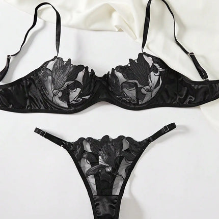 Transparent Floral Two Pieces Exquisite Lace Lingerie Set Ultrathin Bra Briefs Set Solid Exotic Lingerie For Ladies 2024