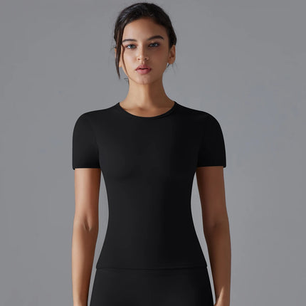 Women Running Sports T Shirt Summer Short Sleeve Round Neck Breathable Stretchy GYM Yoga Slim Fitness Active Top Tee