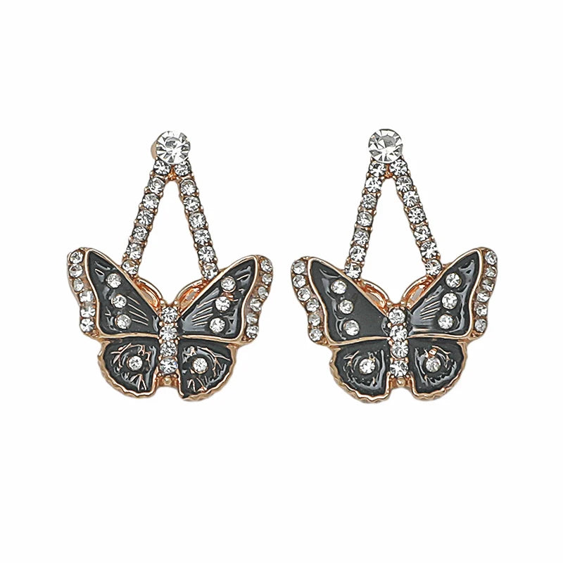 2pcs Women's Fashion Pendant Earrings Creative Black Butterfly Inlaid Diamond Alloy Earrings Suitable for Daily Versatile Gifts
