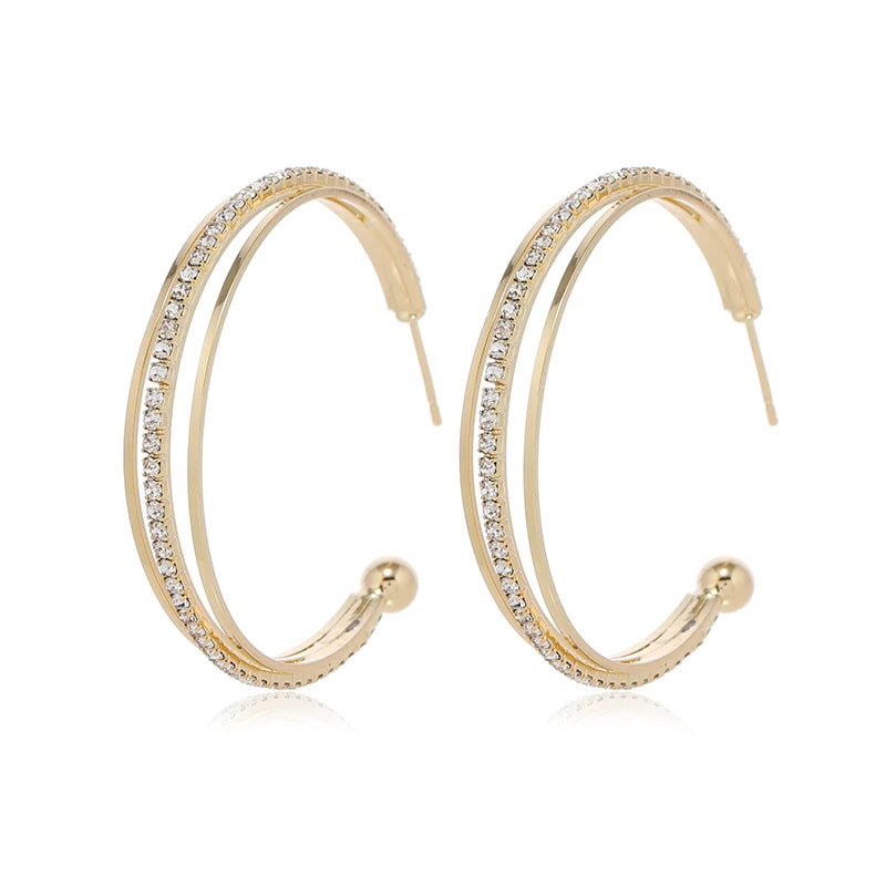 2pcs popular new product temperament three ring metal wind earrings with diamond studded metal fashionable versatile earrings