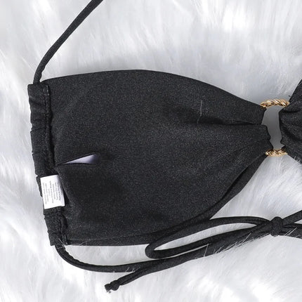 Solid Color Bikinis Push Up Swimwear Women Halter Bikini Set Shiny Swimsuit Push Up Bathing Suits Bandage Beachwear Thong