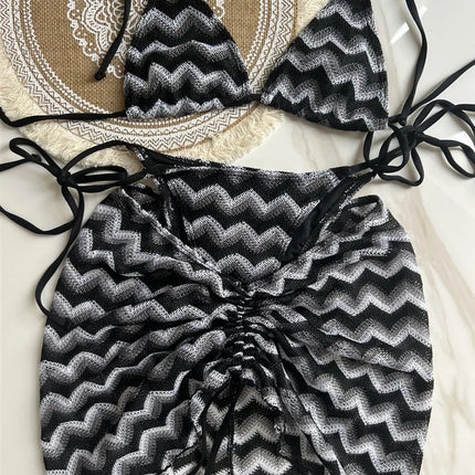 Women Swimsuit Colored Maple Leaves Knitted Bikini Skirt Three-Piece Set Split Swimsuit Bikini