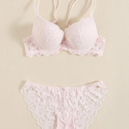 1 Set Elegant Erotic Lace Embroidery Breathable Fabric Lingeries : Push-Up Bra, Low Waist Sheer Panty - Ultimate Valentine's Day