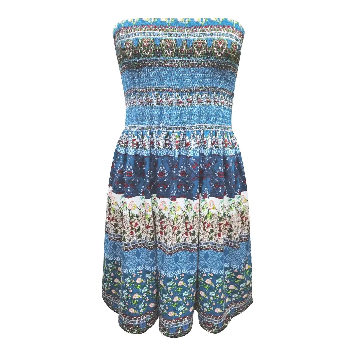 Beach Style Sexy Cover Ups Strapless Bohemian Floral Print Sundress For Girls Summer Vintage Daily Date A-line Knee Length Skirt