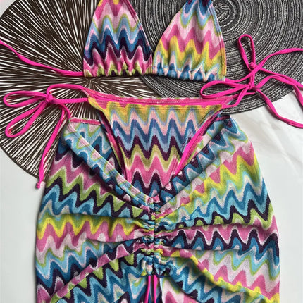 Women Swimsuit Colored Maple Leaves Knitted Bikini Skirt Three-Piece Set Split Swimsuit Bikini