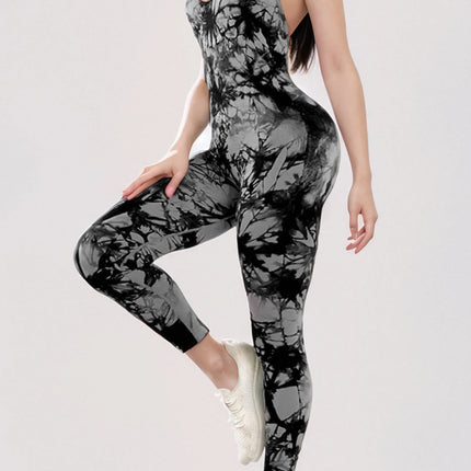 Women's Tie Dye Seamless Workout Jumpsuits One Piece Soft&Stretchy Fashion V-Neck Halter Open Back Yoga Sports Bodysuit