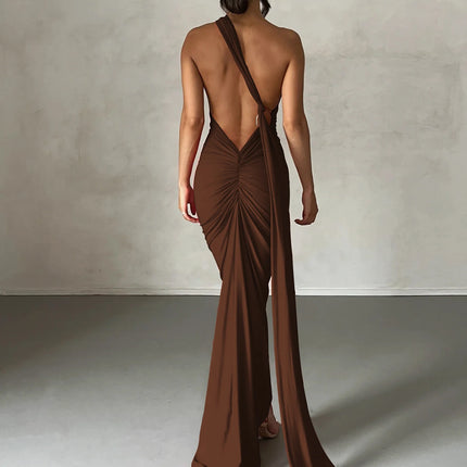 Hugcitar One Shoulder Backless Adjustable Scarf Loop Ruched Sexy Maxi Dress 2024 Women Elegant Y2K Streetwear Festival Outfit