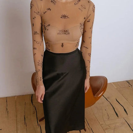 Sexy tight-fitting one-piece Top Women Long-Sleeved Bodysuits O-Neck Basic Party Wear Print Summer Wild Slim Bodysuits