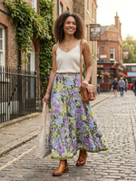 Blackfever Women's Purple & Green Floral Tiered Maxi Skirt - 100% Cotton