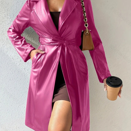 Long Sleeve Lapel PU Leather Jacket With Pockets Slim Fit Long Trench Coat Women's Clothing