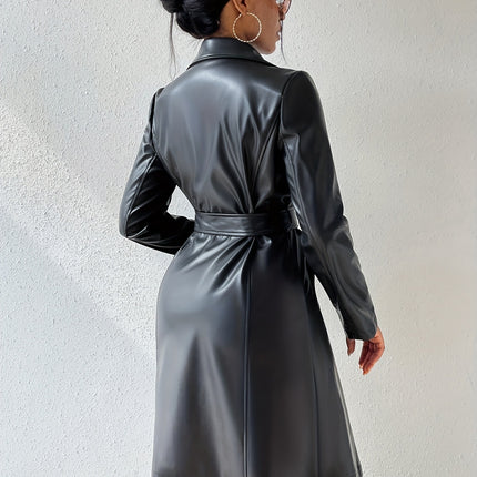 Long Sleeve Lapel PU Leather Jacket With Pockets Slim Fit Long Trench Coat Women's Clothing