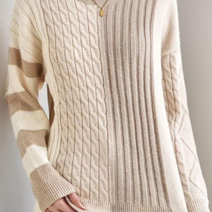 Cable-Knit Color Block Round Neck Sweater