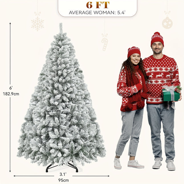 YardFunK 6ft Artificial Christmas Tree, Full Snow Flocked Xmas Tree With Foldable Metal Stand 880 Flocked Tips For Home Party Decorations, 182cm