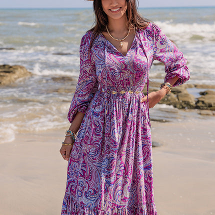 Printed Tie Neck Balloon Sleeve Maxi Dress