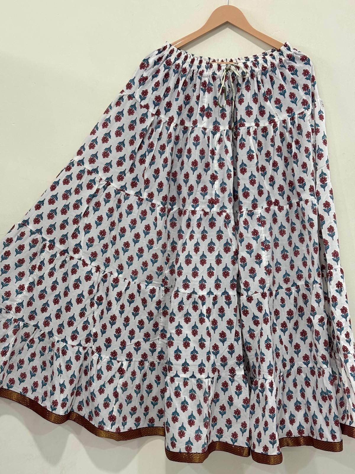 Blackfever White Floral Printed Tiered Cotton Maxi Skirt – Boho Free Size with Gold Border – Free Size