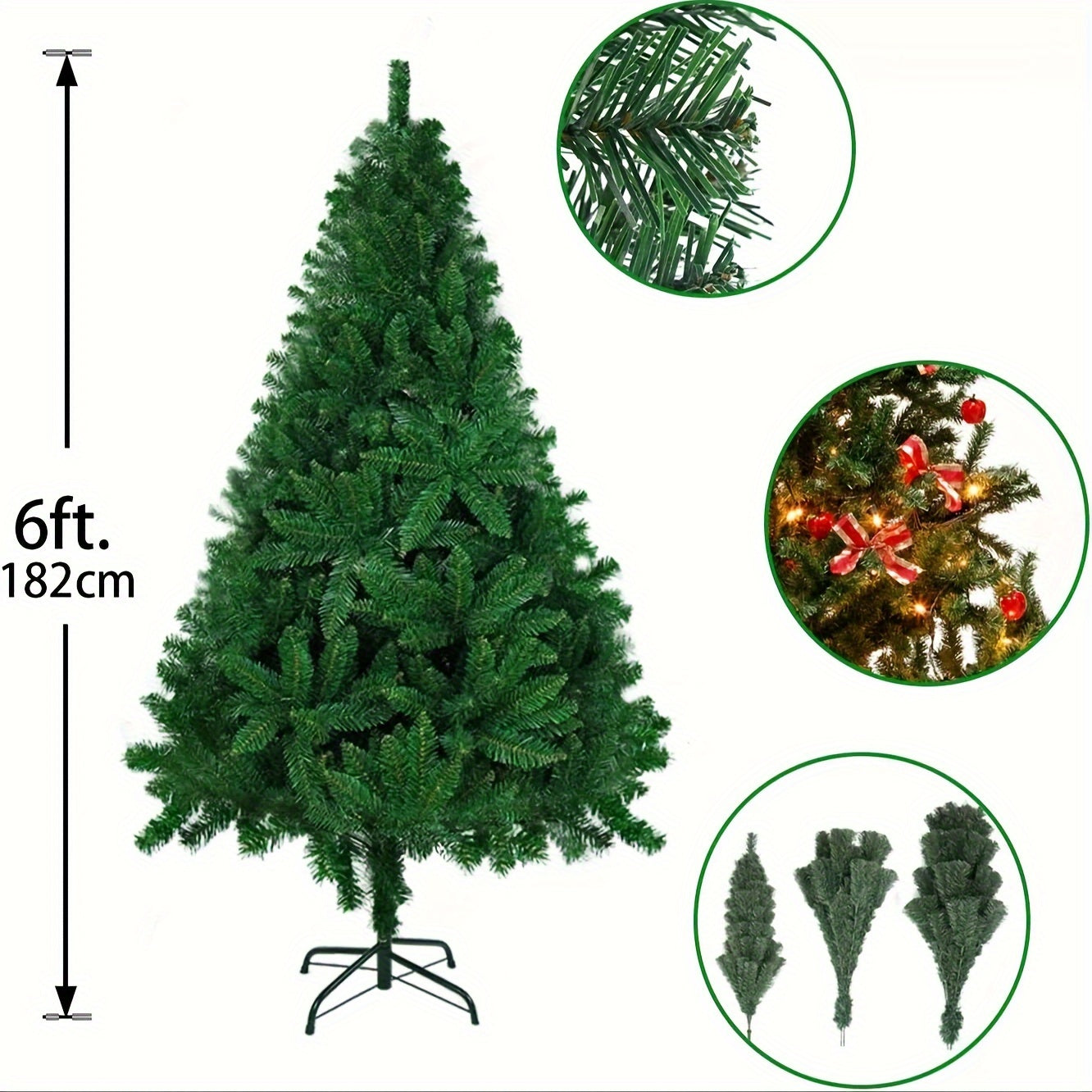 6ft/1.8m Christmas Tree Traditional Artificial Green Xmas Tree 850 Tips With Metal Stand For Home & Office - Perfect For Holiday Parties, Mall Displays, And Hotel Decorations, No Power Needed, Green Pine Design