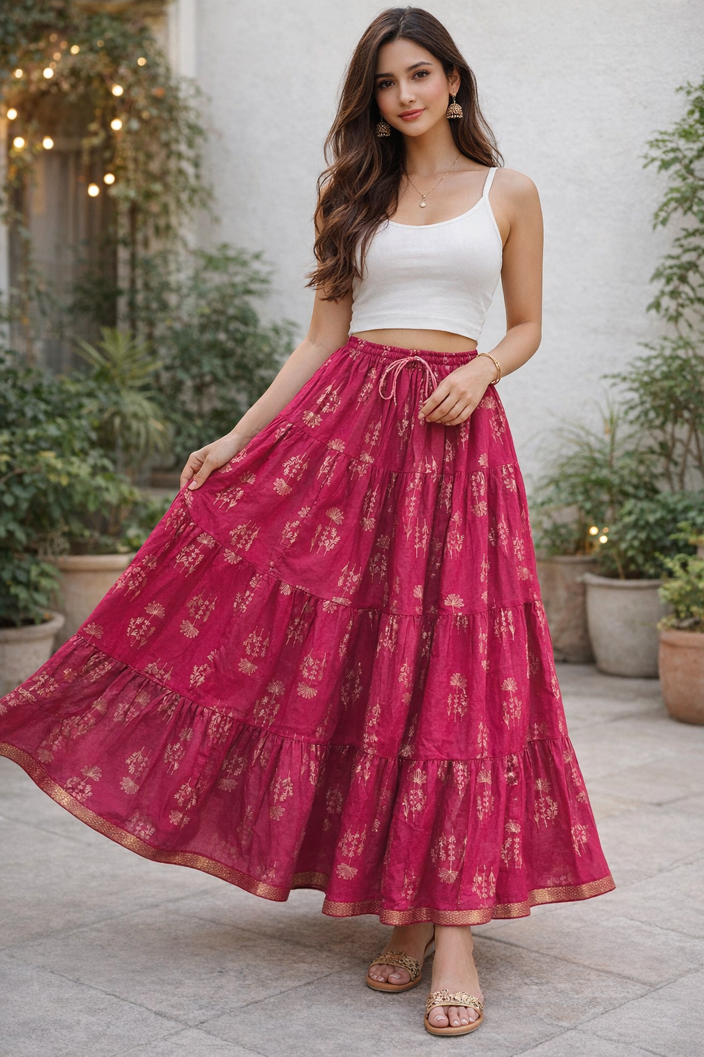 Blackfever Elegant Pink Printed Tiered Skirt – Free Size