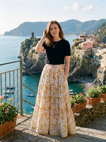Blackfever Women's Tiered Floral Maxi Skirt - 100% Cotton, Mustang Yellow & White