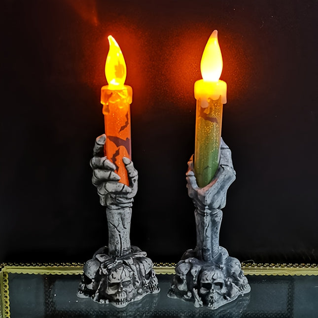 3pcs Spooky Gothic Hand Candle Light Set with Glowing Skull & Flickering Flame Effect - - -Free Warm White/Cool Color-Changing Lights (Pink, Orange, Green, Blue, Purple) for Indoor/ Halloween Party Decorations, Durable Plasti