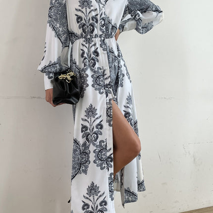 Printed Notched Lantern Sleeve Midi Dress