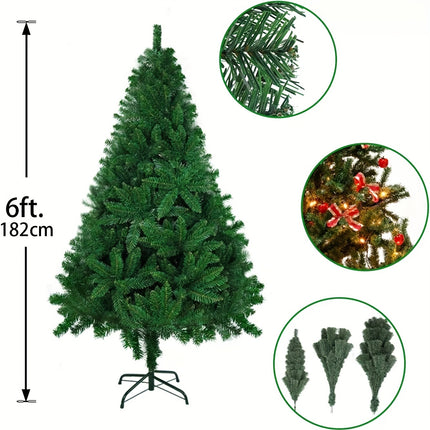 6FT/1.8m Green Artificial Christmas Tree, Traditional 850 Branches XMAS Tree With Metal Stand, Realistic Natural Branches For Indoor/Outdoor, Home Office Store Party Holiday Decor| Easy To Assemble