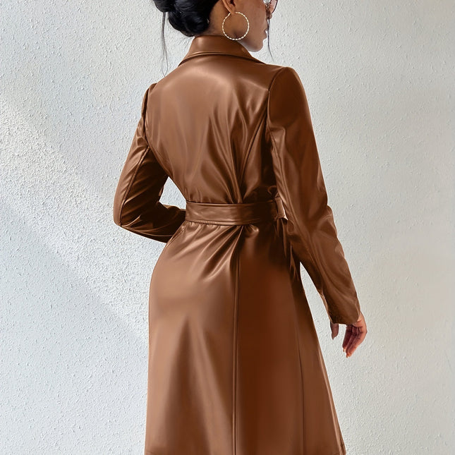 Long Sleeve Lapel PU Leather Jacket With Pockets Slim Fit Long Trench Coat Women's Clothing